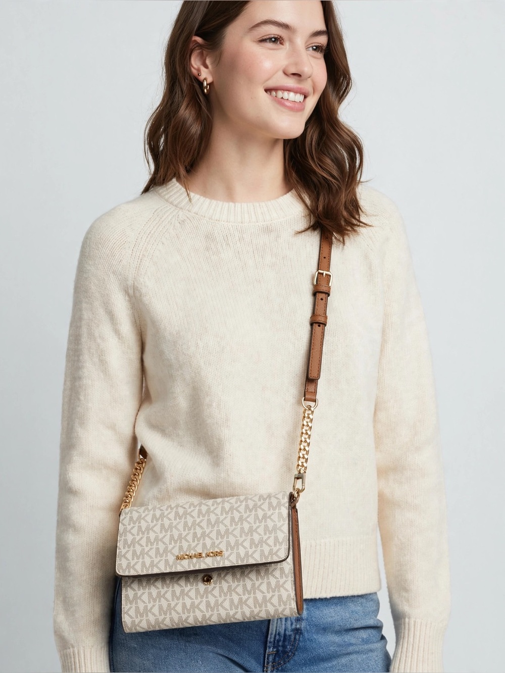 Michael Kors Cream Logo Crossbody with Brown Strap